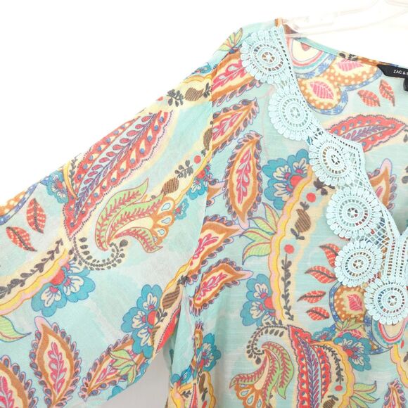 Zac and Rachel paisly print crochet tunic top Size 2X mint green 3/4 sleeve Boho - Picture 2 of 7